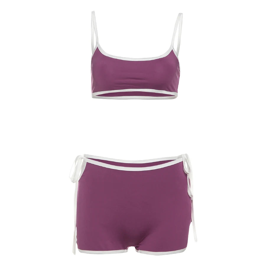 Nibber Fashion Women 2 Piece Set Tracksuit White Edging Camisole+Side Bandage Shorts Matching Stretch Sporty Streetwear Suits Aviola