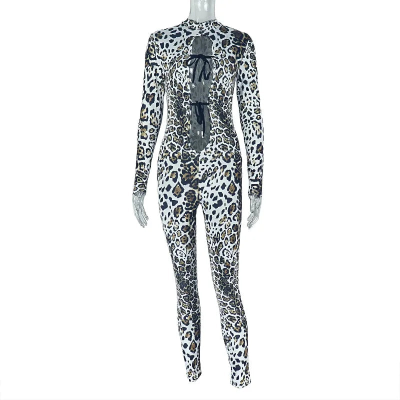 Nibber Sexy Leopard Print Jumpsuits Women Style Hollow Bandage Full Sleeve Skinny Peach Hip Midnight Coquette Fashion Overalls Aviola