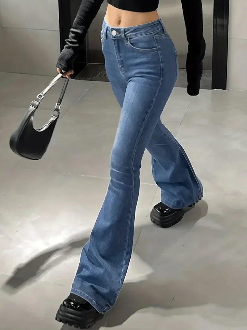 Flare Pants Women Jeans High Waist Streetwear Trousers Skinny Stretch Distressed Washed Pocket 2025 Y2k Mom Jeans Vintage Denims Aviola