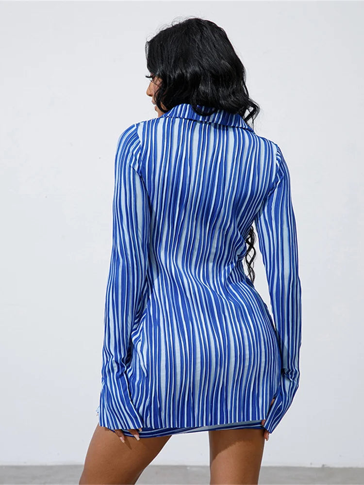 Nibber Autumn Two-piece set Women Fashion Pretty Full Sleeve Pleats Buttons Office Lady Top+Hip Skirt Striped Sexy Classic Suit Aviola