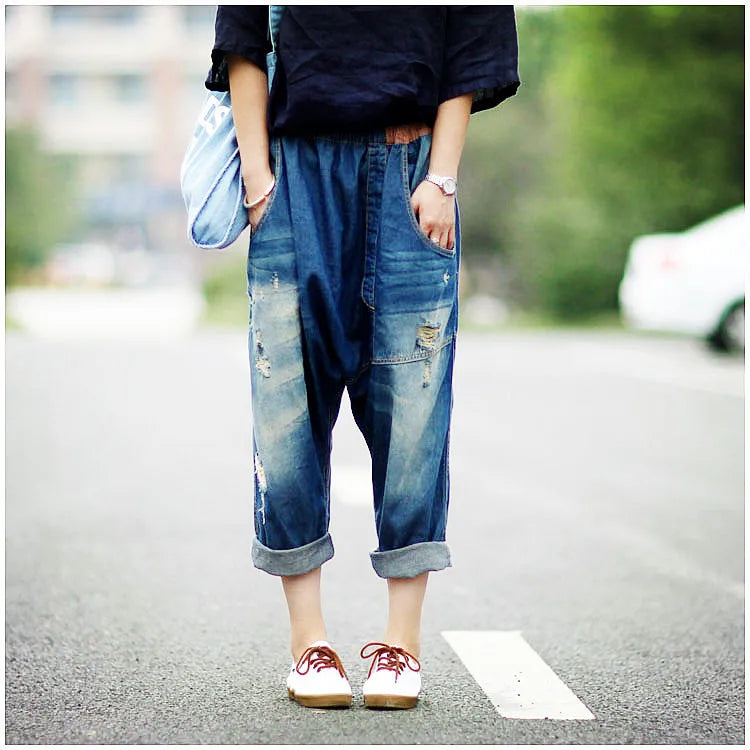 Denim Pant Women Jeans Harem Pants Slim High Waist Straight Mom Jeans Trousers Hole Y2k Streetwear Elegant Splice Casual Loose Aviola