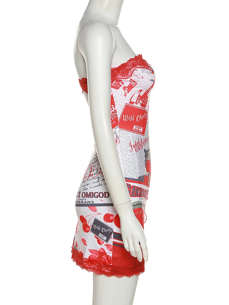 Nibber Lace Cherry Print Women Dress Birthday Party Y2K Sexy Sleeveless Summer  Split Tight Stretch Midnight Clubwear Bodycon Aviola
