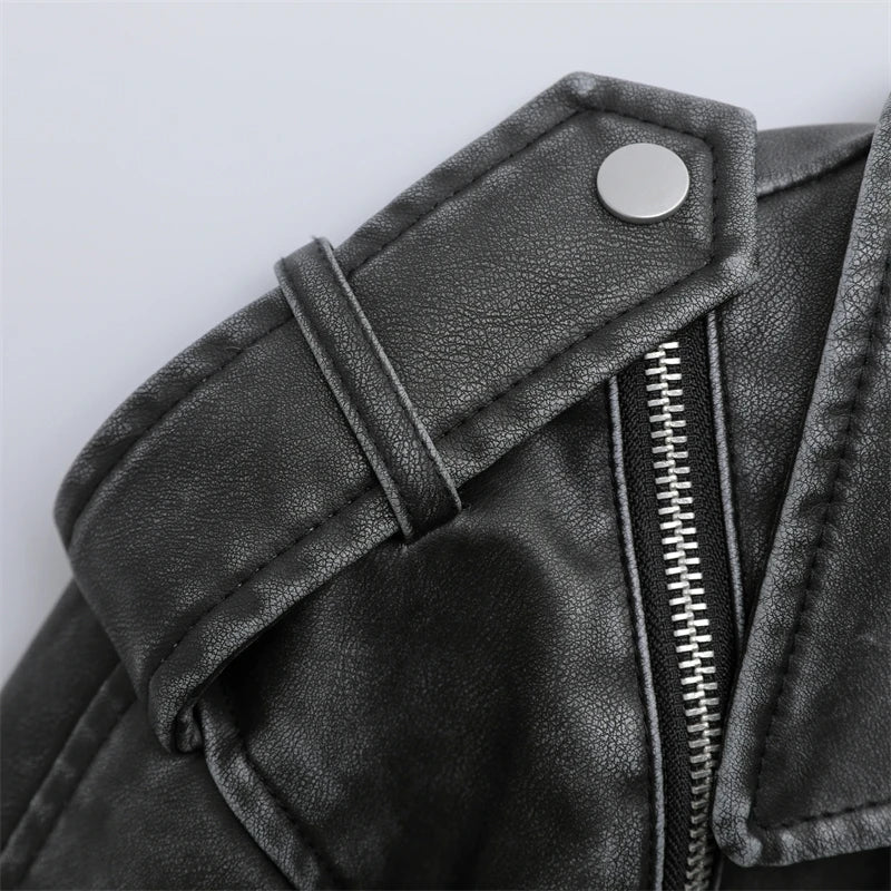 RARF 2024 Women's new short make old effect imitation leather motorcycle jacket jacket women's washed gray leather coat Aviola