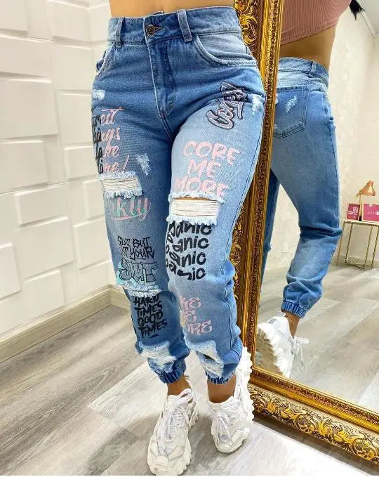 Women Denim Jeans Ankle Length Print Holes Pencil Pants Pockets Washing Slim Basics Zipper Fly Spring Flat Slight Strech Aviola