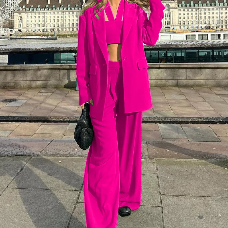 Women Tracksuit Three Pieces Set Turn Down Collar Cardigan Single Button Solid Outerwear Pockets Wide Leg Pants Office Lady Aviola