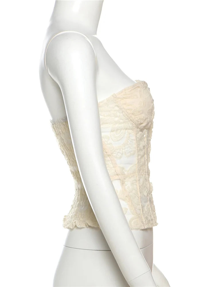 Nibber See Through Women Warp Sleeveless Lace Pattern Concealed Metal Buckle Backless Sexy Summer Trend Simple Midnight Mini Top Aviola