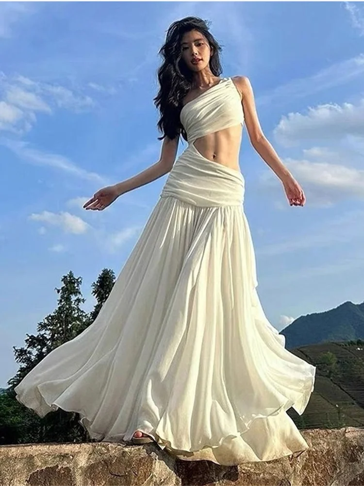 Nibber Elegant Maxi Dress Women Summer Off-shoulder Sleeveless Cut Out Beach Long Indie Folk Temperament For Vacation Vestidos Aviola