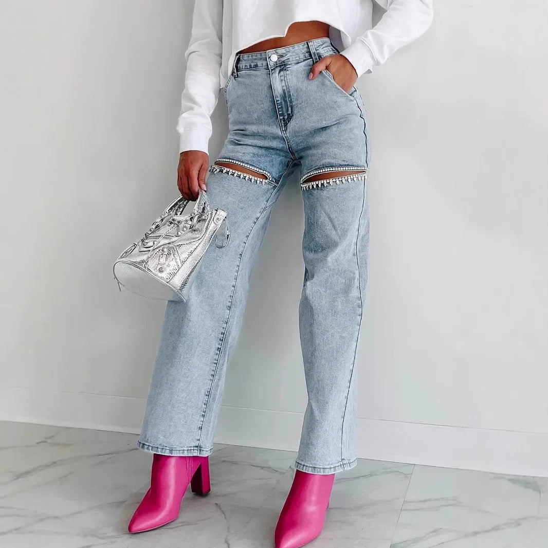 Denim Jeans for Women Streetwear Straight Pants Hole Diamonds Mid Waist Washed Distressed 2025 Casual Mom Ankle Length Trousers Aviola