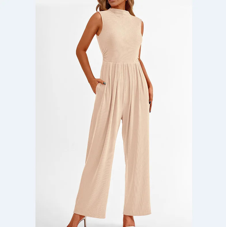 Women Jumpsuits One Piece O Neck Sleeveless Rompers Overalls Solid Wide Leg Pants Pockets High Waist Ankle Length Basics 2025 Aviola