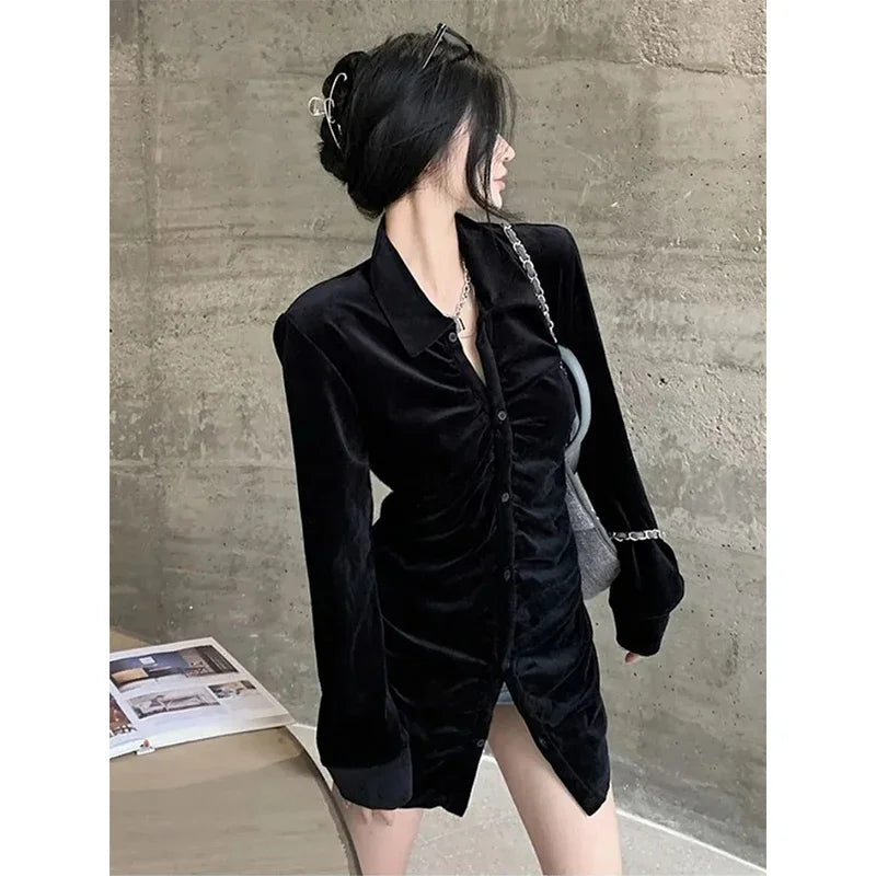 MEXZT Vintage Shirts Women Black Velvet Pleated Blouses Korean Elegant Folds Turn Down Collar Long Sleeve Slim Chic Casual Tops Aviola