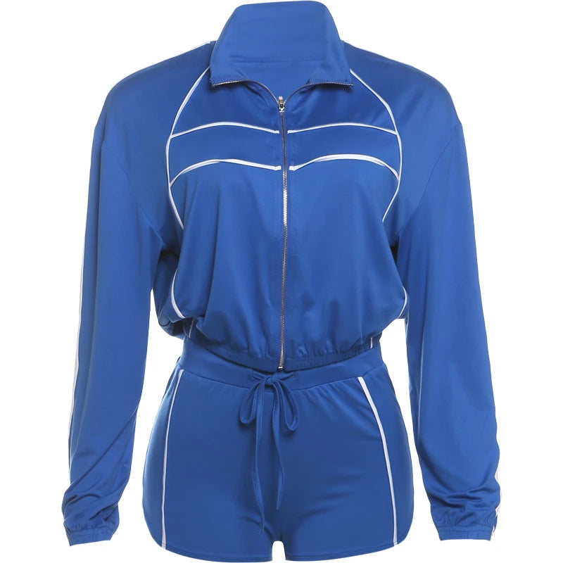 Nibber Fashion Casual Sporty 2 Piece Set Women Zipper Cardigan Polo-Neck Jacket+Drawstring Skinny Shorts Daily Slim Tracksuits Aviola