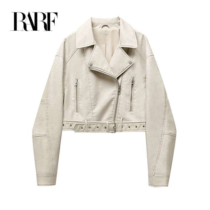 Chaqueta de cuero lavado con cinturón para mujer, abrigo corto con cremallera degradada y cuello vuelto Vintage, chaqueta elegan Aviola