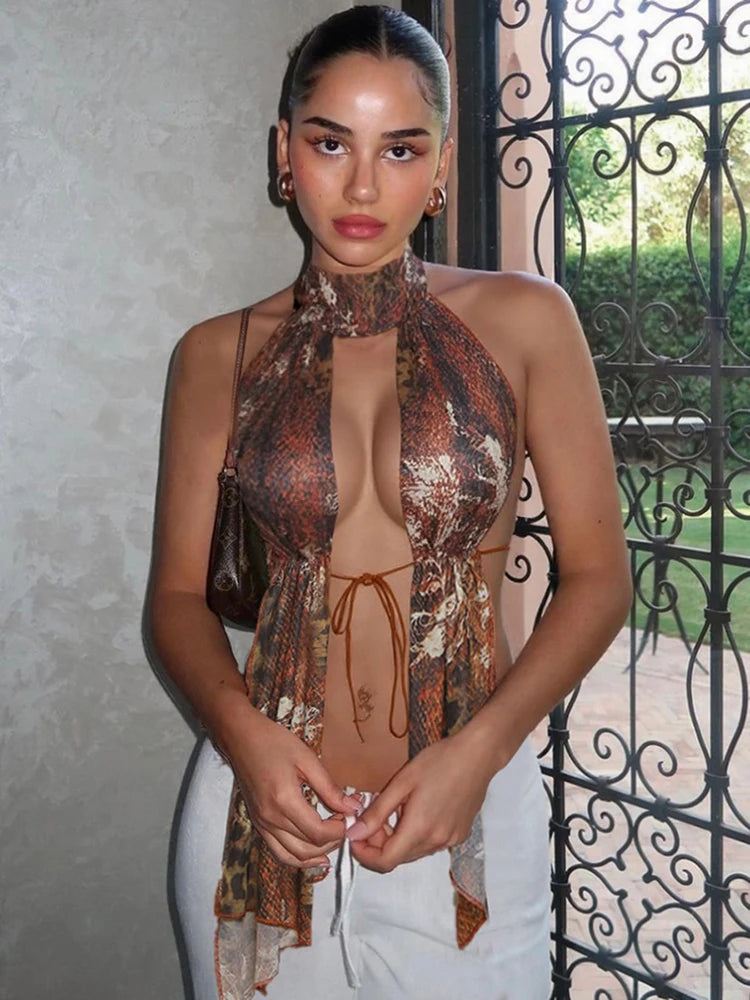 Nibber Leopard Print Backless Camisole Women Y2K Shirring Ruched Halter Sleeveless Elegant Party Summer Trend Sexy Slim Vest Aviola