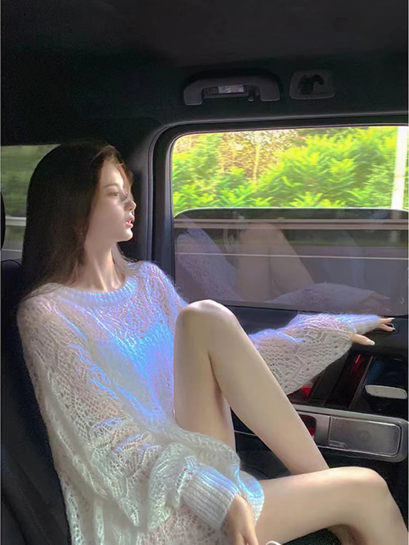 MEXZT Y2K Hollow Out Pullover Sweater Women Sweet Sexy See Through Thin Loose Jumper Korean Oversized Sun Protection Shirt Tops Aviola