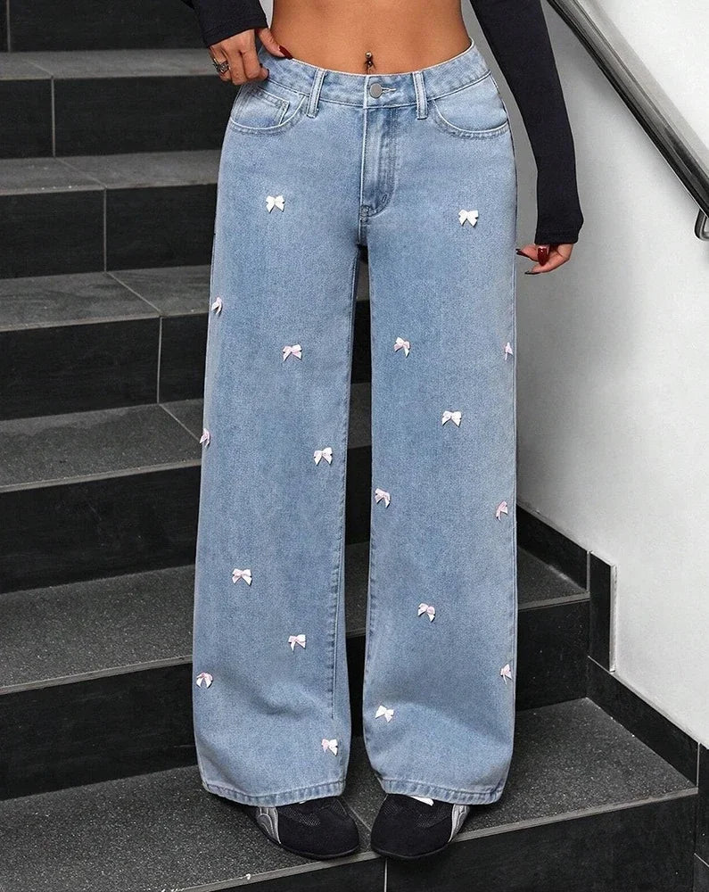 Denim Wide Leg Pants Women Mom Jeans Streetwear High Waist Bow Washed Distressed Straight Trousers Y2k Vintage Floor Length Aviola