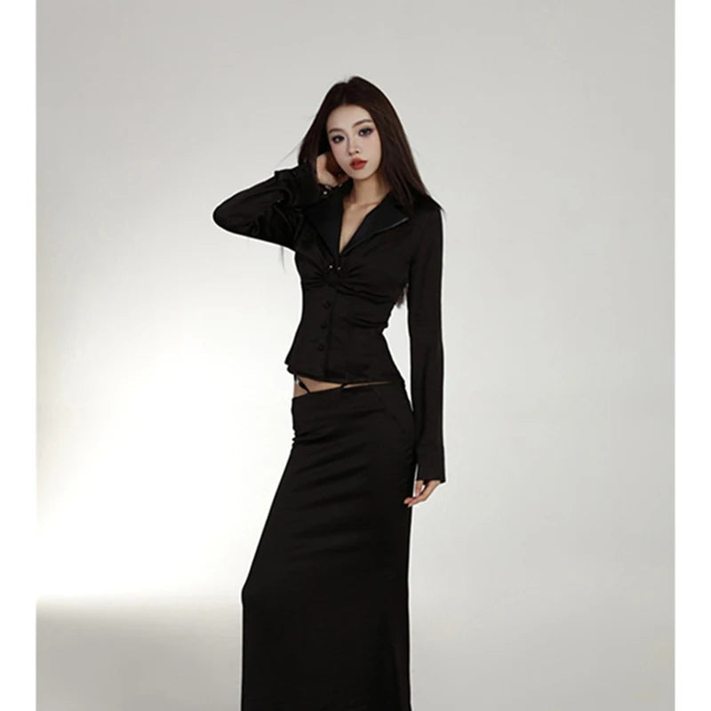 MEXZT Vintage Black Shirts Women Elegant Cropped Satin Long Sleeve Blouses Office Ladies Korean Turn Down Collar Design Tops New Aviola