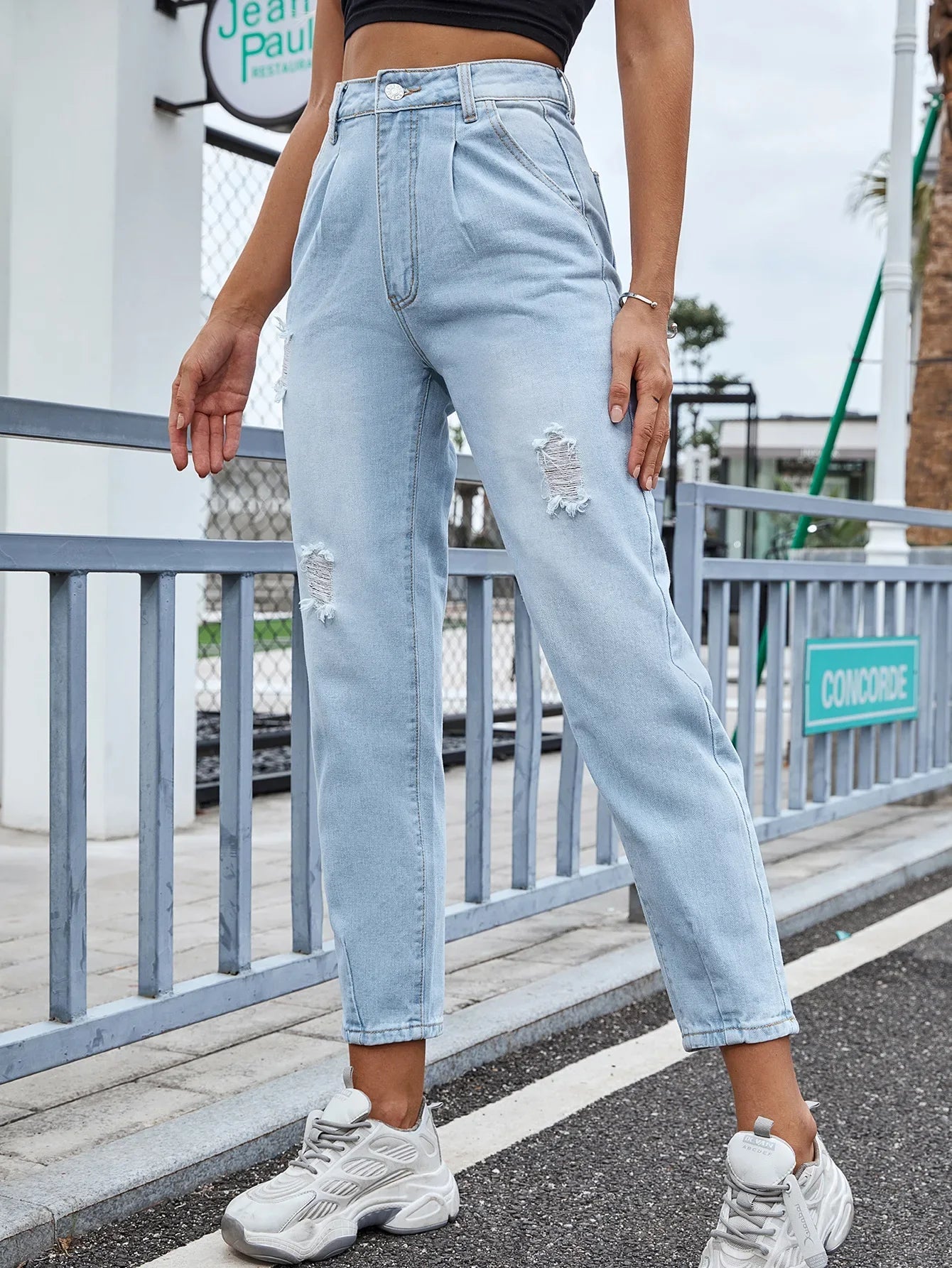 Distressed Women Jean Straight Pants High Waist Ankle Length Jeans Ripped Loose Fit Basics Washed Denim Pants Hole Autumn Aviola