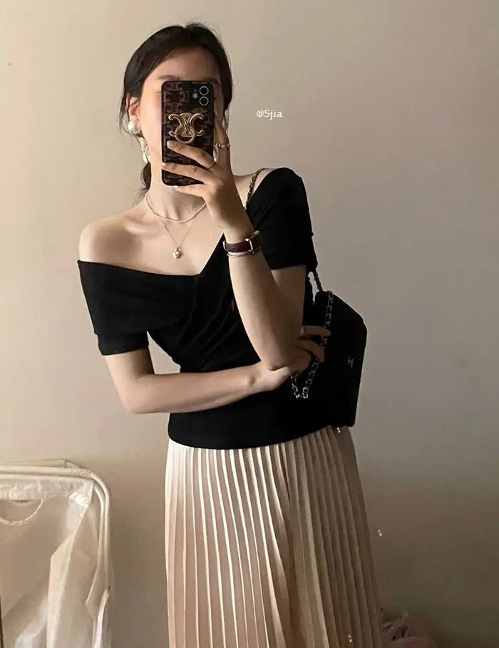MEXZT Vintage Slash Neck T Shirts Women Streetwear Sexy Cross White Crop Tops Summer Korean Elegant Short Sleeve Design Tees New Aviola