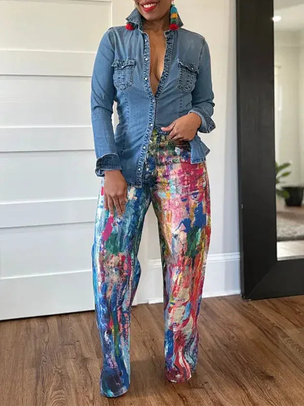 Denim Pant Women Jeans Wide Leg Long Pants Print High Waist Straight Trousers Y2k Streetwear Gothic Elegant Splice Work Casual Aviola