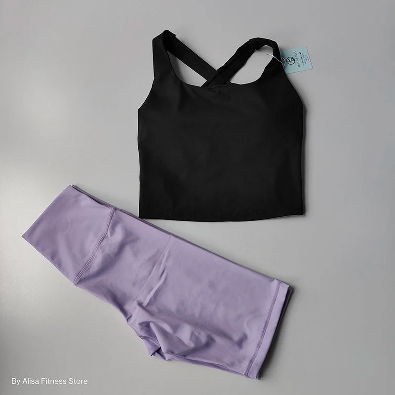 2PCS  Women Yoga Set Workout Sports Bra Set Sportswear Gym Clothing Fitness Long Sleeve Crop Top High Waist Shorts Sports Suits Aviola