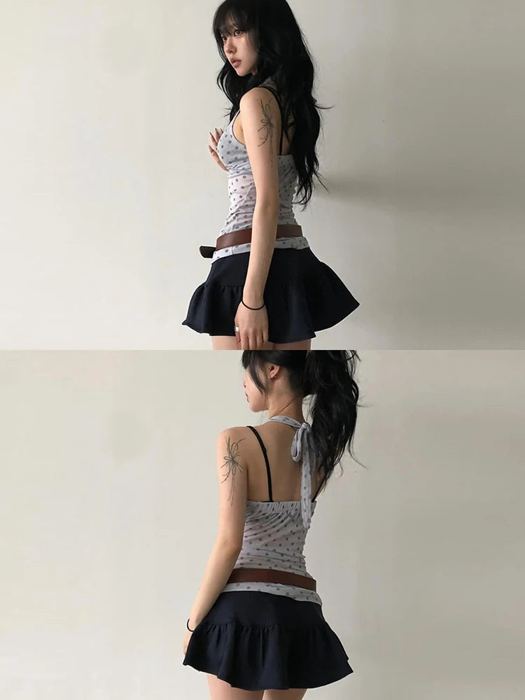 Nibber See Through Vests Women v-Neck Halter Bandage Backless Polka Dot Print Street Sexy Daily Skinny Fashion Hot Chick Tops Aviola