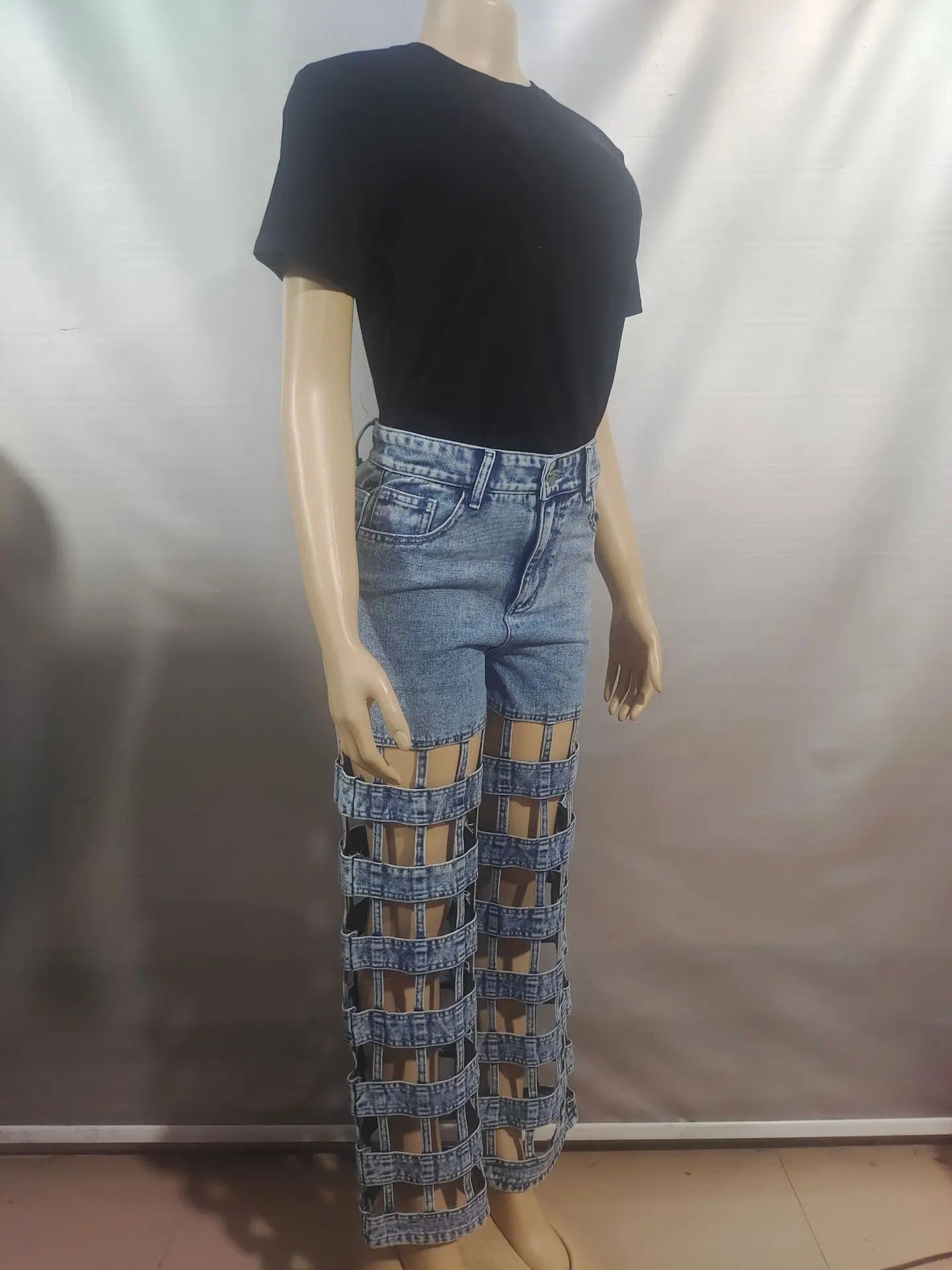 Denim Pant Women Jeans Long Pants Hollow Out High Waist Straight Mom Trousers Y2k Streetwear Elegant Splice Hole Casual Work Aviola