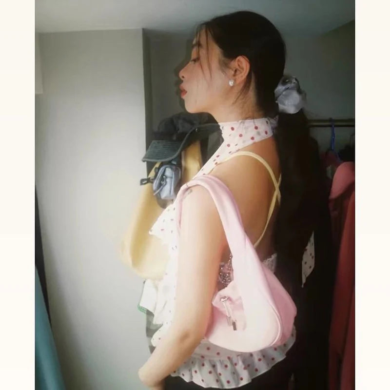 MEXZT Vintage Polka Dots Shirts Women Sexy Cropped Halter Sleeveless Chiffon Blouses Summer Korean Ruffles Print Design Tops New Aviola