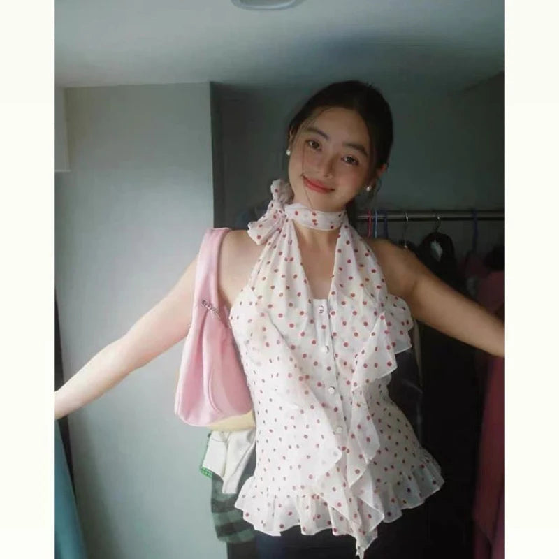 MEXZT Vintage Polka Dots Shirts Women Sexy Cropped Halter Sleeveless Chiffon Blouses Summer Korean Ruffles Print Design Tops New Aviola