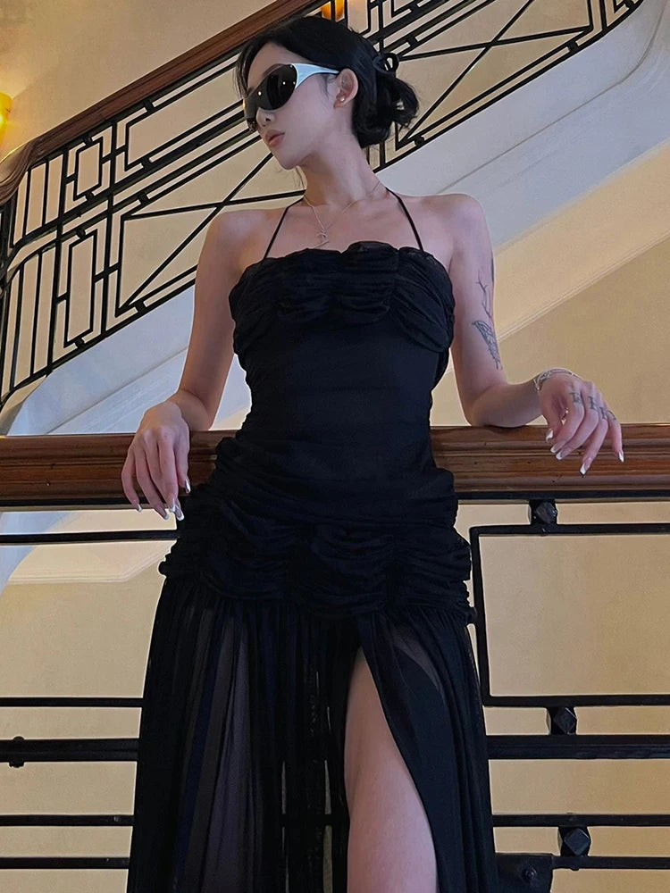 Nibber Patchwork Mesh Maxi Dress Women High Slits Folds Halter Bandage Backless Sleeveless Elegant Temperament Banquet Vestidos Aviola