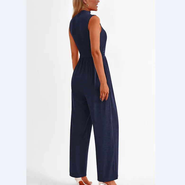 Women Jumpsuits One Piece O Neck Sleeveless Rompers Overalls Solid Wide Leg Pants Pockets High Waist Ankle Length Basics 2025 Aviola