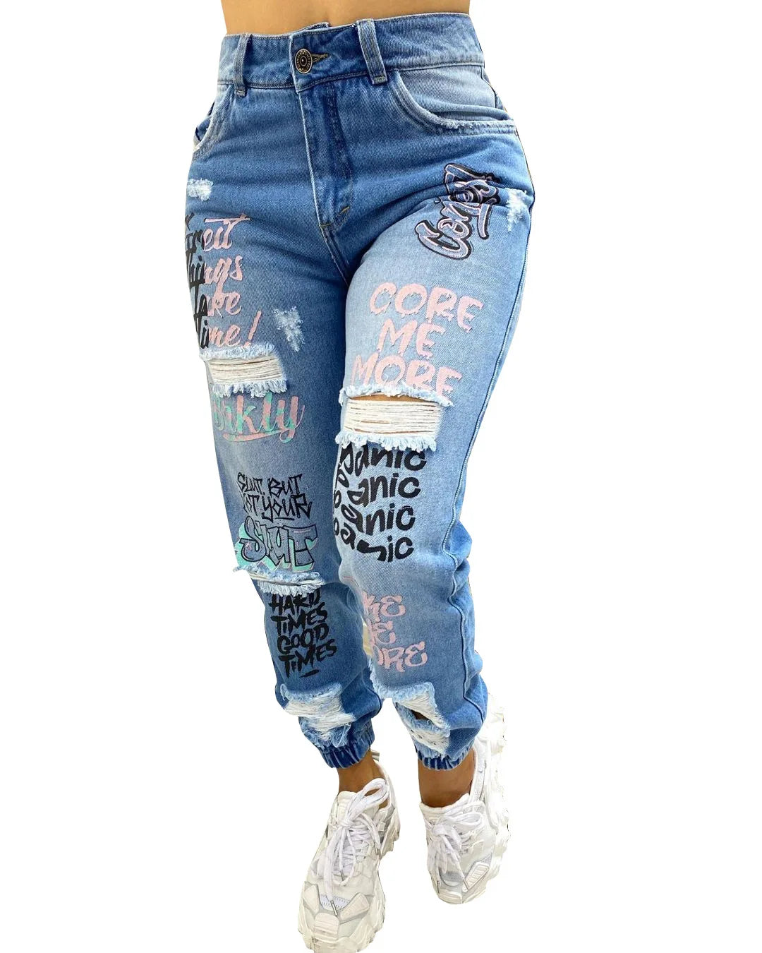Women Denim Jeans Ankle Length Print Holes Pencil Pants Pockets Washing Slim Basics Zipper Fly Spring Flat Slight Strech Aviola