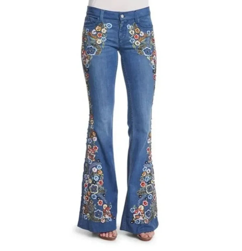 Distressed Flare Jeans Women High Waist Denim Blue Pant Vintage Embroidery Ankle Length Pants Casual Basics 2025 Pockets Loose Aviola
