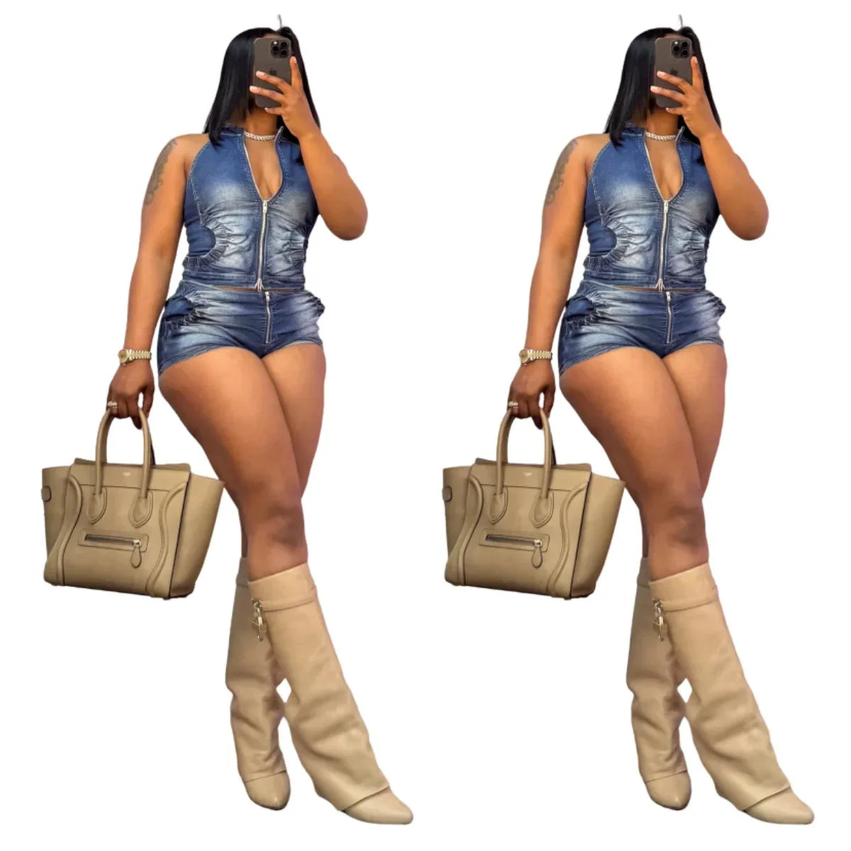 Denim Shorts Women Suit 2 Piece Sets Sexy Vest Top Sleeveless Matching Sets Zipper Fly Jeans Short Pants Outfits Streetwear 2025 Aviola