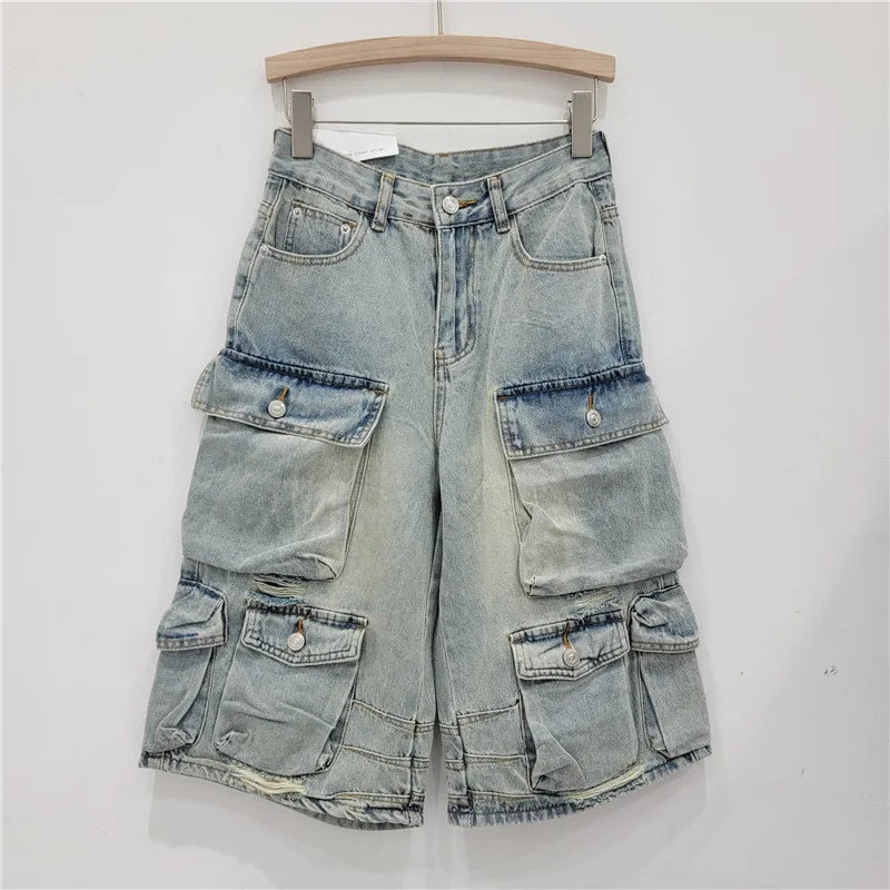 Denim Pant Women Mom Jeans Calf Length Pants Pockets High Waist Straight Trousers Y2k Streetwear Club Splice Casual Loose 2025 Aviola