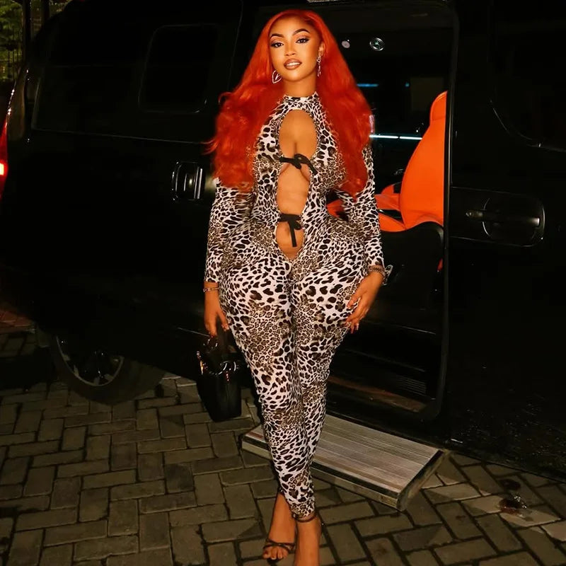 Nibber Sexy Leopard Print Jumpsuits Women Style Hollow Bandage Full Sleeve Skinny Peach Hip Midnight Coquette Fashion Overalls Aviola