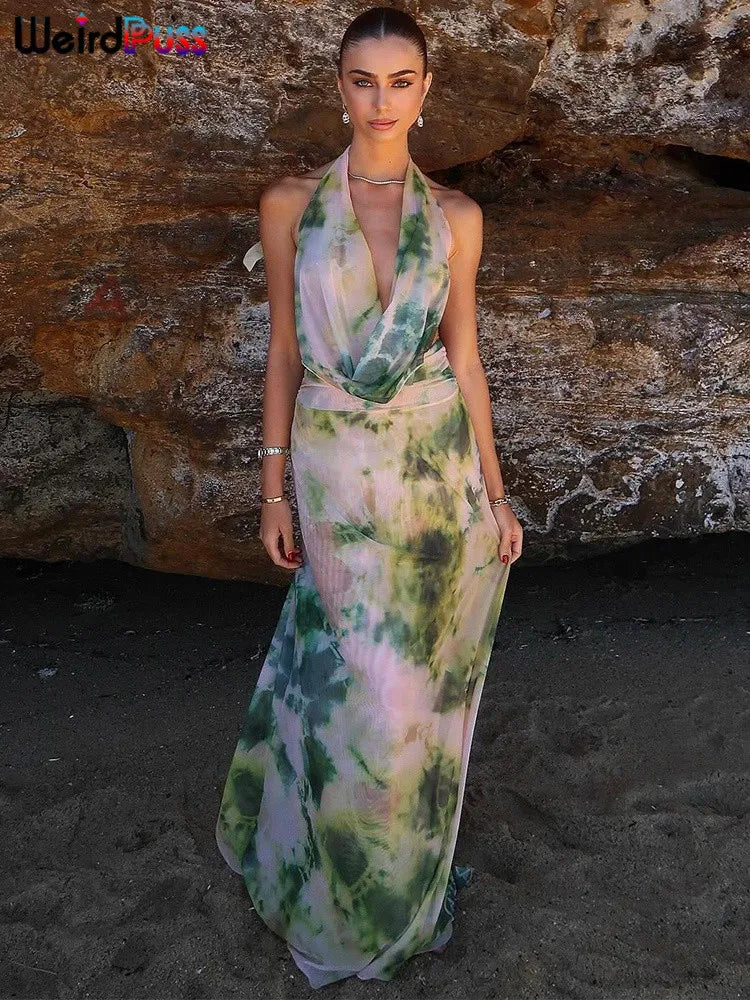 nibber Backless Halter 2Peice Set Woman Print Summer Swinging-Collar Bandage Tank Tops+Mesh Ruffles Tie-Dye Skirt Matching Suit Aviola