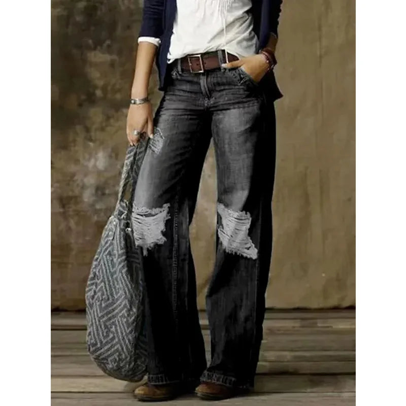 Women Jeans Wide Leg Pants Ankle Length Washing Denim Distressed Pockets High Waist Casual Loose Solid Spliced Summer 2024 Aviola