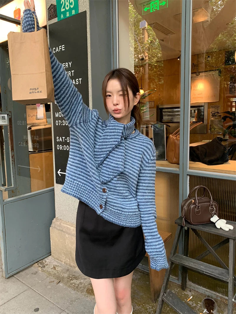MEXZT Vintage Striped Knitted Cardigan Women Elegant Scarf Sweater Outerwears Korean Long Sleeve Knitwears Winter Casual Jumpers Aviola