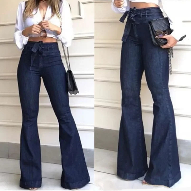 Women Jeans Solid Color High Waist Flare Pants Zipper Fly Flat Pockets Streetwear Slim Patchwork Button Slight Strech Belt Aviola