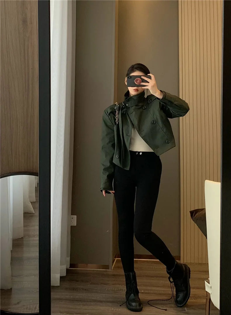 RARF 2024 autumn new women's fashion pocket double breasted waxed leather short trench coat women's top coat Aviola