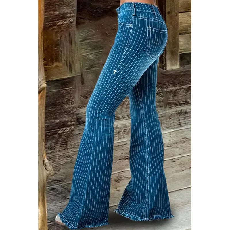Stripe Jeans Women Mid Waist Flare Pants Ladies Trousers Female Casual Slim 2025 Summer Button High Strecth Elegant Office Lady Aviola