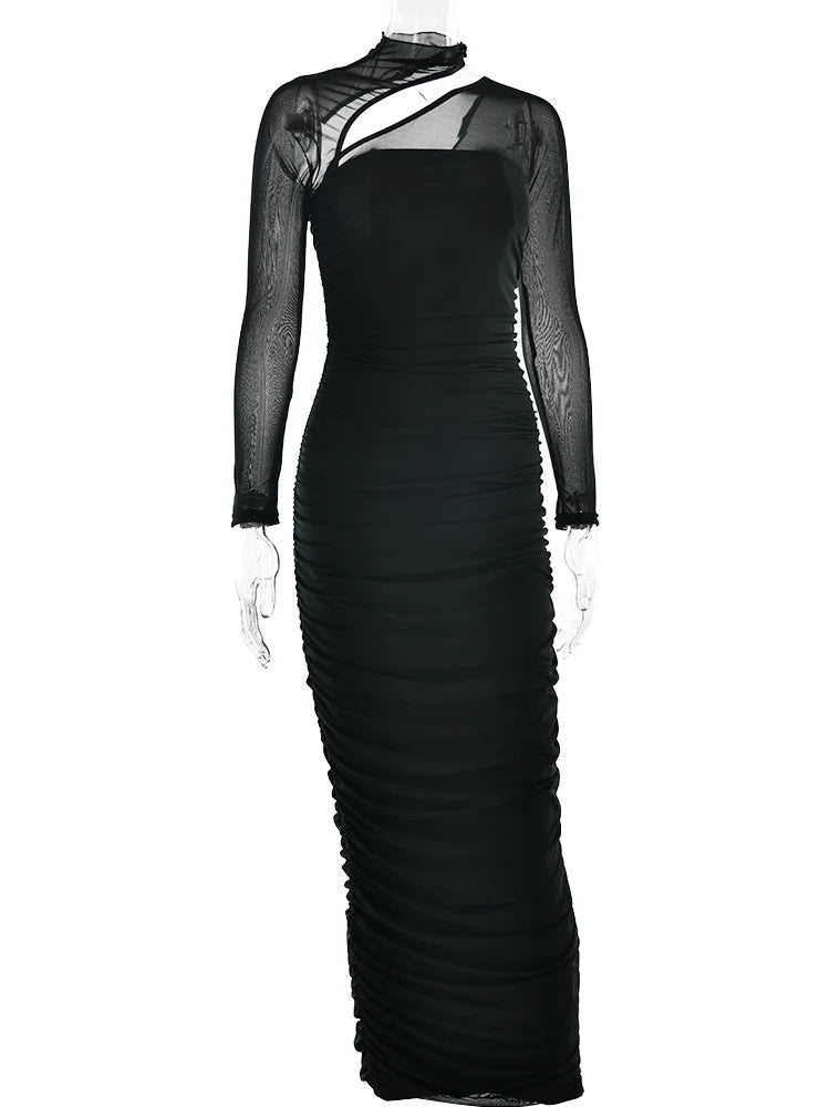 Nibber Mesh Patchwork Women Dress Long Sleeves Elegant Temperament Irregular Diagonal Collar Folds Zipper Stretch Long Bodycon Aviola