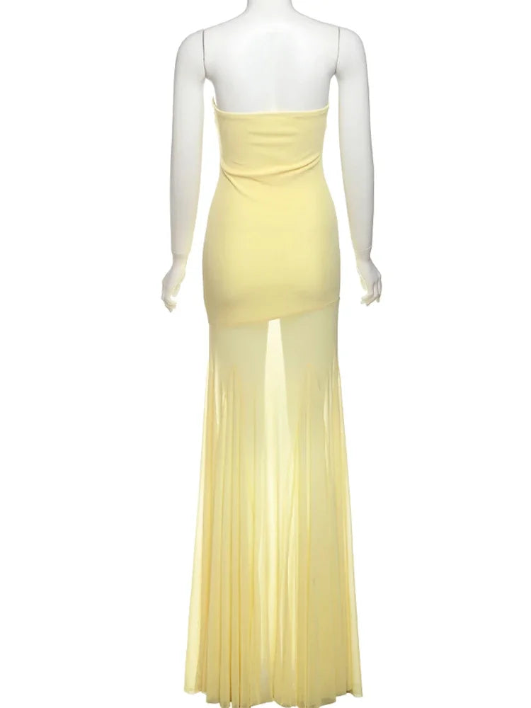 Nibber Patchwork Dress Women See Through Temperament Solid Pleated Strapless Sleeveless Backless Slim Banquet Party Vestidos Aviola
