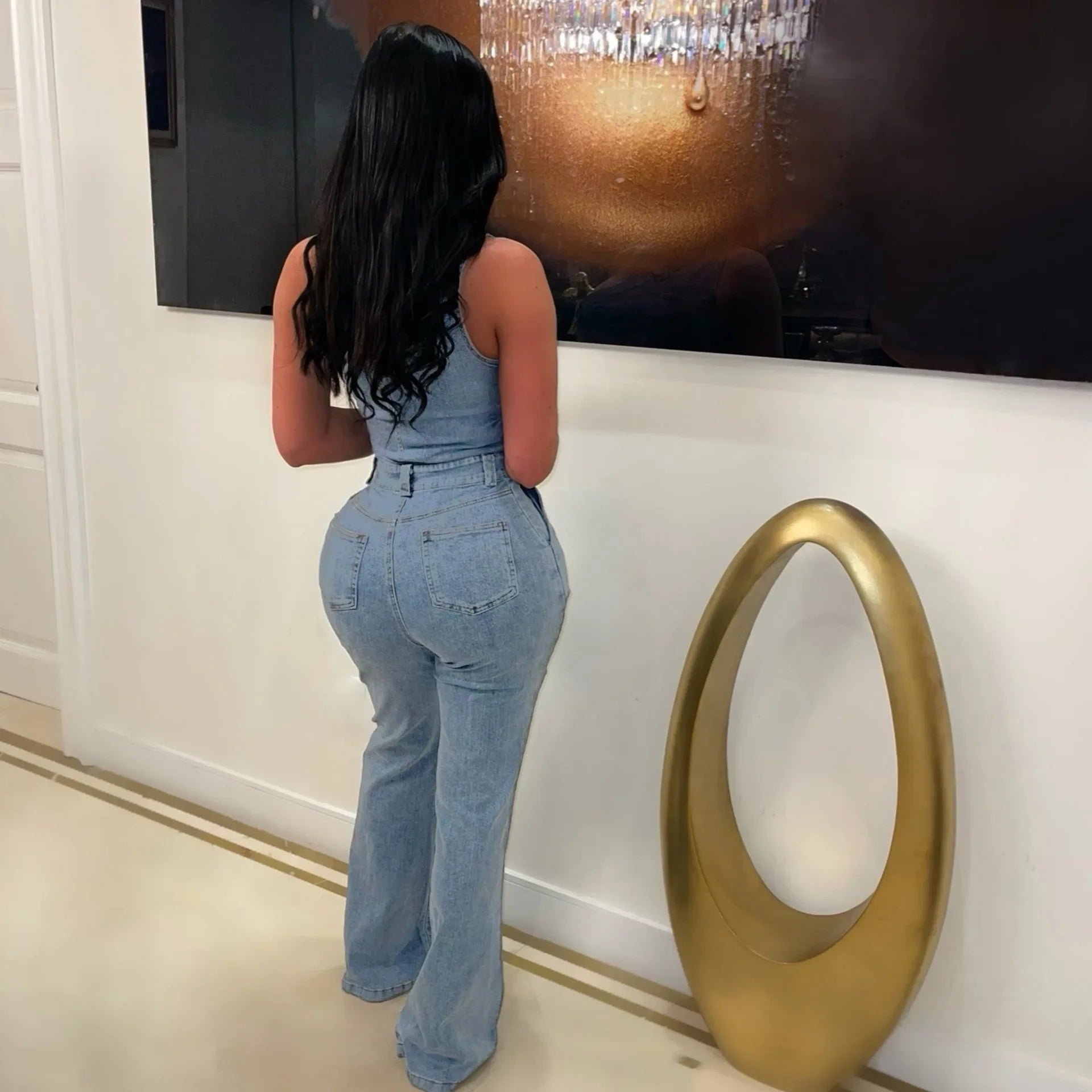 Flare Denim Pants Full Length Women Jeans One Piece Overalls Spliced Solid Jumpsuits Loose Pockets High Waist Basics Washed Aviola