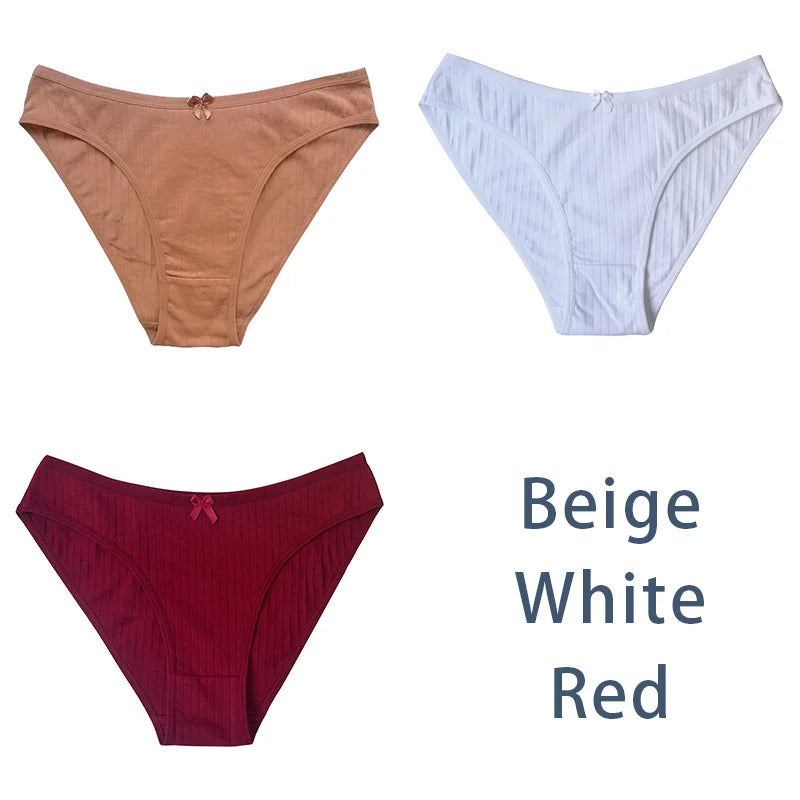 3PCS/Set Women Cotton Panties Sexy Classic Underwear Low Rise Female Rib Underpants Girls Comfort Briefs Bow Lingerie Aviola