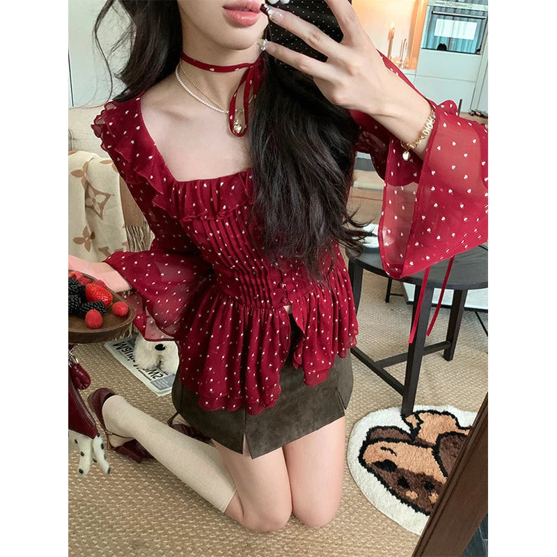 MEXZT Vintage Polka Dots Shirts Women Elegant Red Ruffles Lace Up Blouses Summer Korean Square Collar Long Sleeve Design Tops Aviola