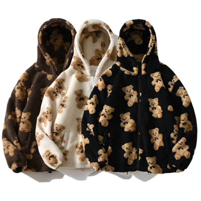 Y2K imitation lamb plush women's cotton jacket, little bear couple loose and lazy style, winter thick hooded jacket Aviola