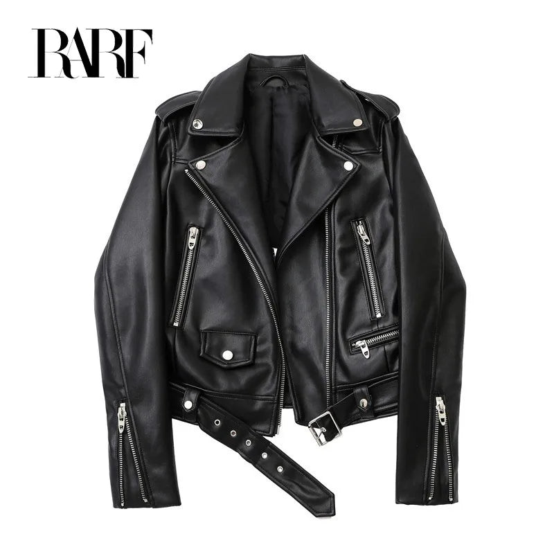 RARF Spring and Autumn 2025 New faux leather PU jacket with belt women's lapel motorcycle jacket black zip biker jacket Aviola
