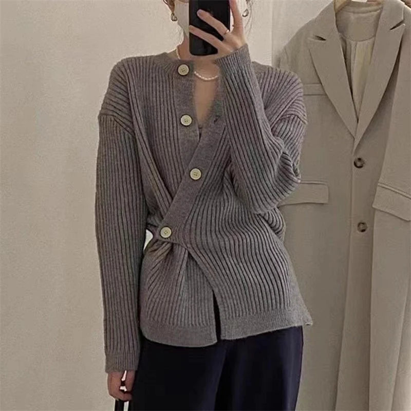 MEXZT Irregular Knitted Cardigan Women Elegant Black Sweater Coat Korean Fashion Slim Knitwear Winter Ladies Basic Chic Jumpers Aviola