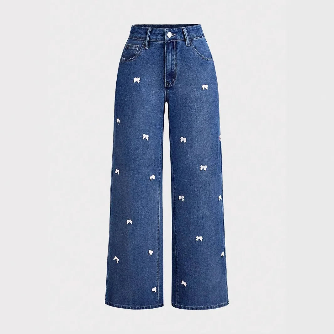 Denim Wide Leg Pants Women Mom Jeans Streetwear High Waist Bow Washed Distressed Straight Trousers Y2k Vintage Floor Length Aviola